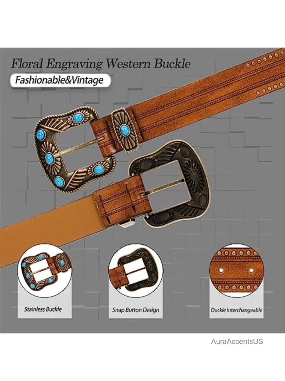 Vintage Western Belt with Embossed Leather, Single-Prong Buckle, Adjustable Fit